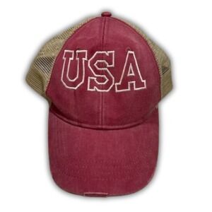 Adams USA Trucker Hat Burgundy Tan Distressed Mesh Snapback‎ Cap Baseball Hat